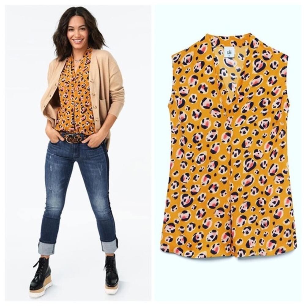 Cabi Prowl Top Womens Medium Mustard Black Leopard Print Tank Shell Blouse 3792